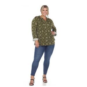 NWT White Mark Pleated 3/4 Sleeve Blouse Olive Green White Leaf Print Size 3XL